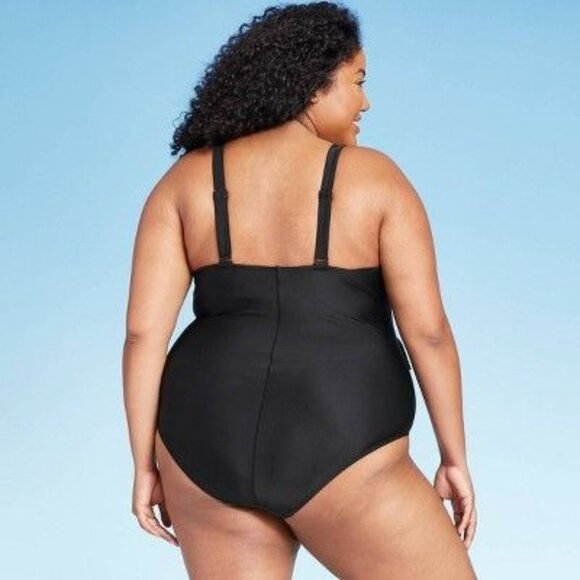 Women's Black Ruffle One-Piece Swimsuit With Adjustable Straps 20W - Picture 2 of 8